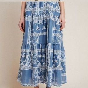 Maeve by Anthropologie XL Adriadne Blue White Embroidery Floral Maxi Skirt Lined